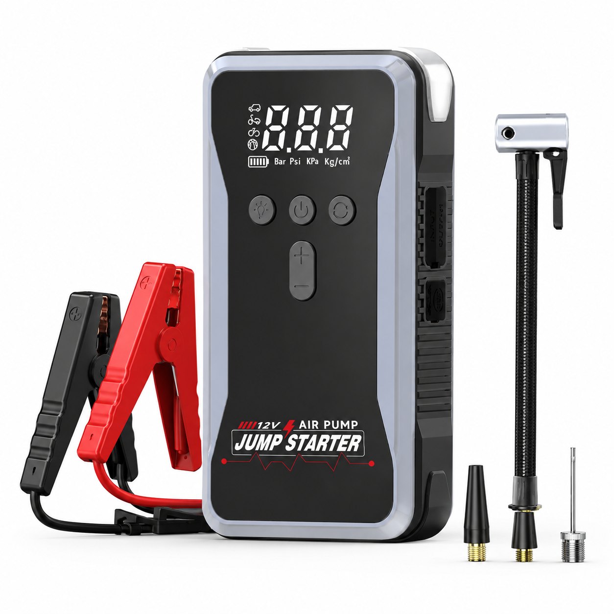 S3 jump starter and air compressor with clamp and inflation hose